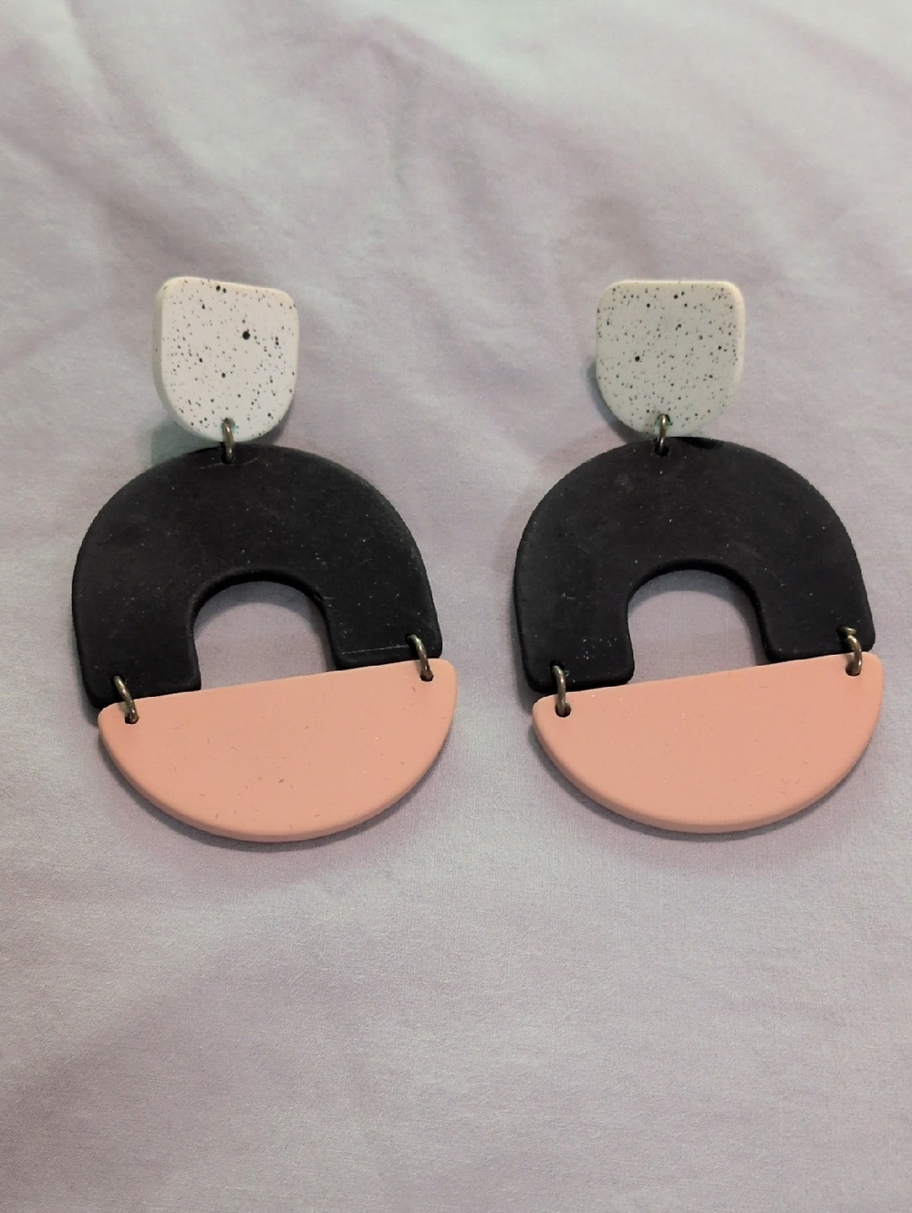 Handmade Geometric Drop Earrings - Pink, Black & White
